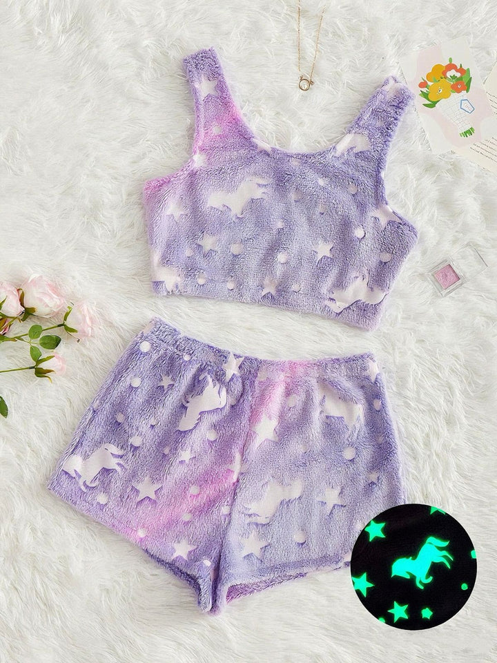 2PCS Glowing Colorful Print Flannel Pajama Set - vintage fashion, retro style