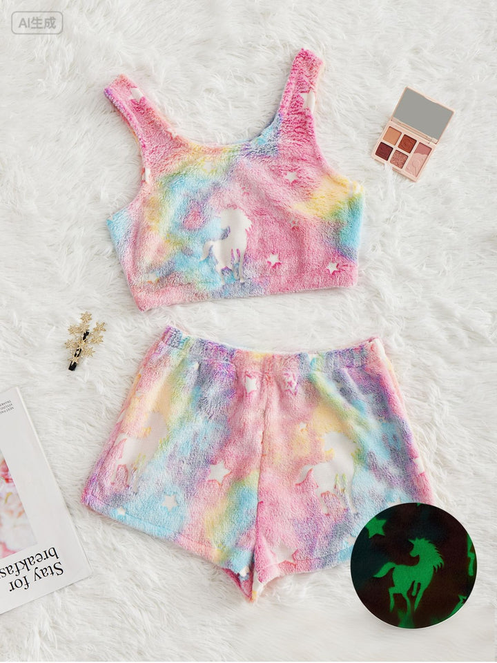 2PCS Glowing Colorful Print Flannel Pajama Set - vintage fashion, retro style