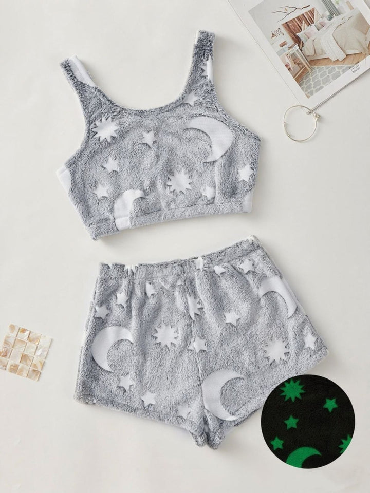 2PCS Glowing Colorful Print Flannel Pajama Set - vintage fashion, retro style