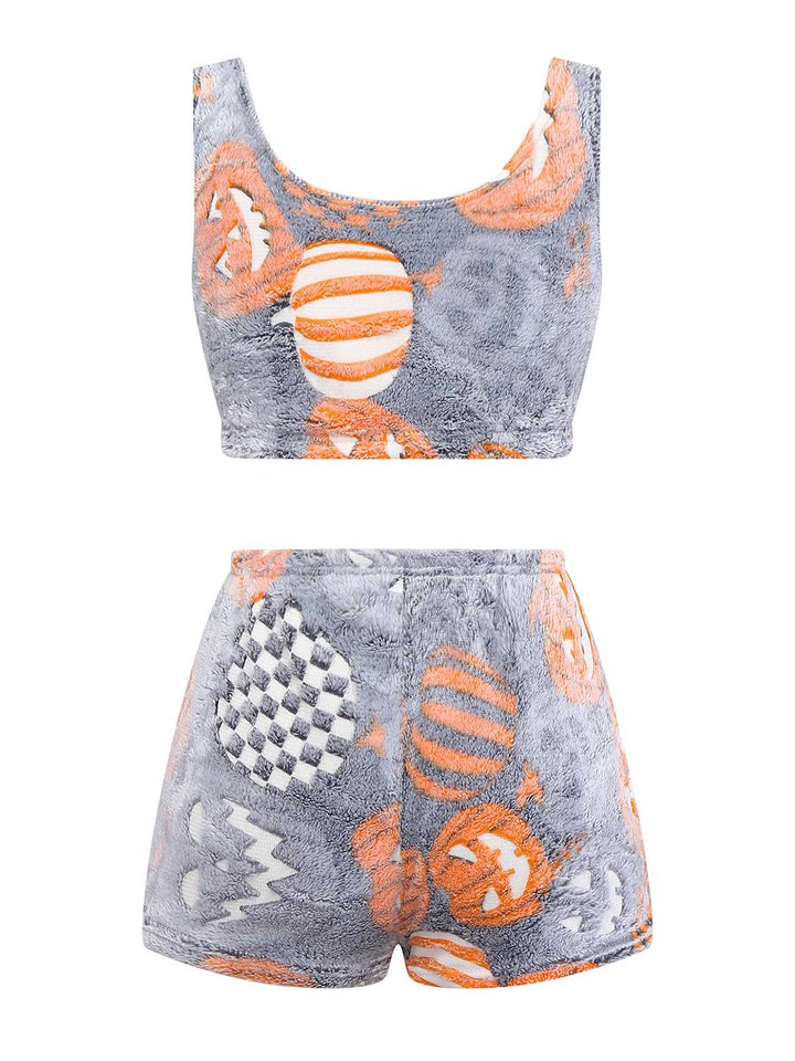 2PCS Grey Glowing Halloween Pumpkin Flannel Pajama Set - vintage fashion, retro style