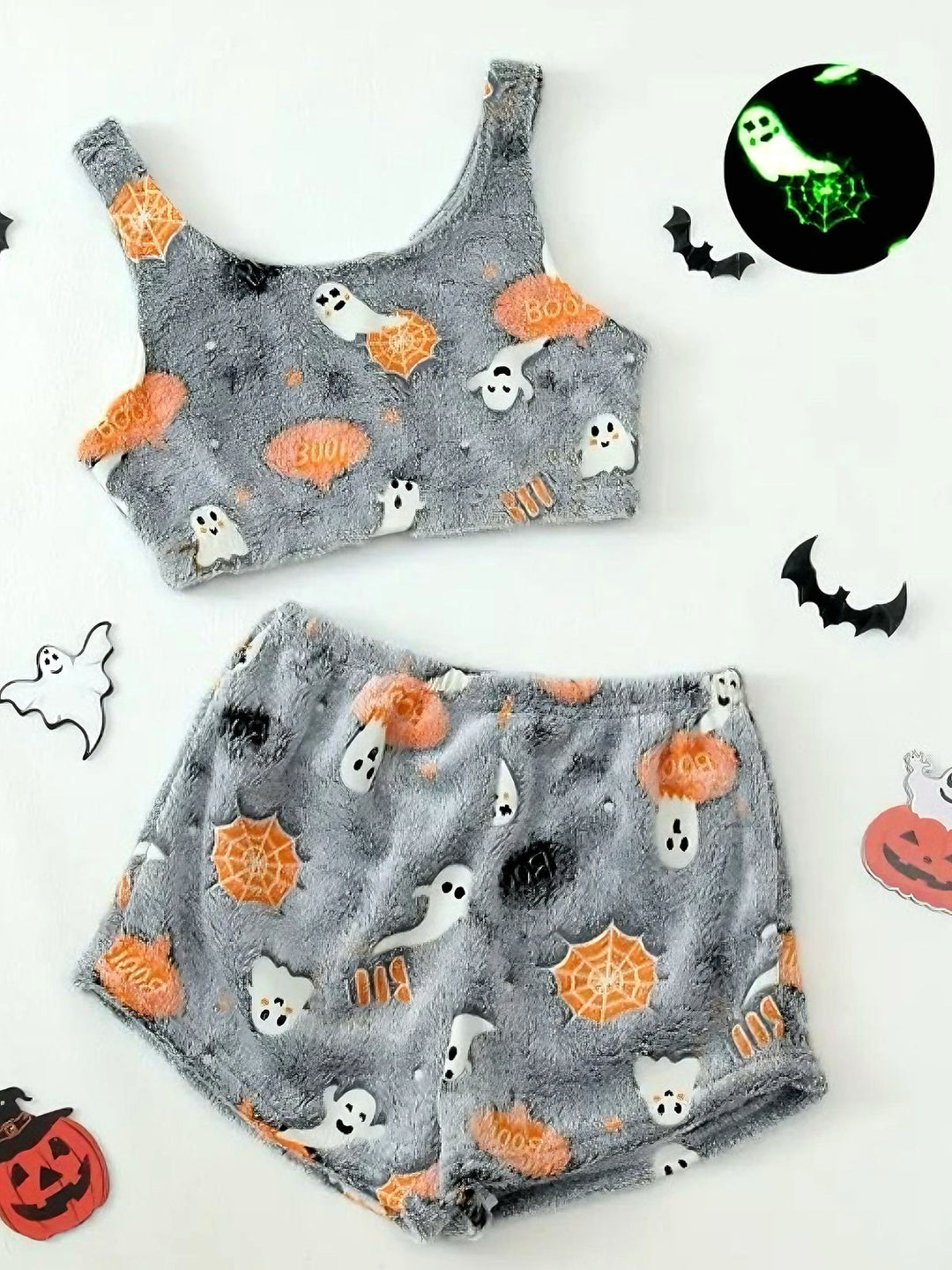 2PCS Grey Halloween Glowing Print Flannel Pajama Set - vintage fashion, retro style