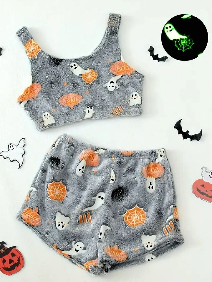 2PCS Grey Halloween Glowing Print Flannel Pajama Set - vintage fashion, retro style