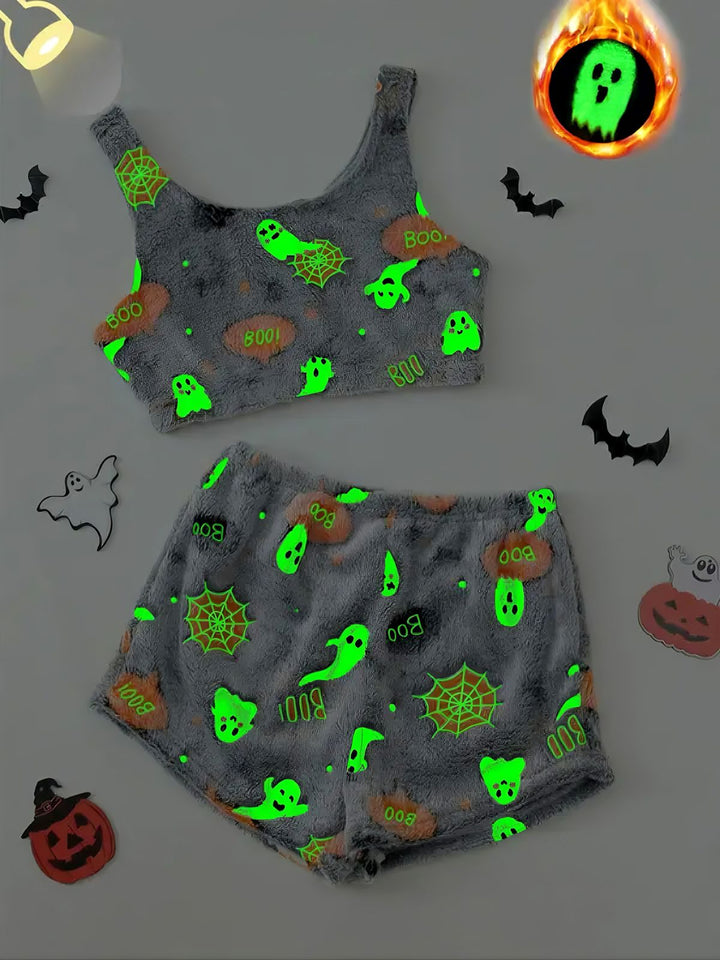 2PCS Grey Halloween Glowing Print Flannel Pajama Set - vintage fashion, retro style