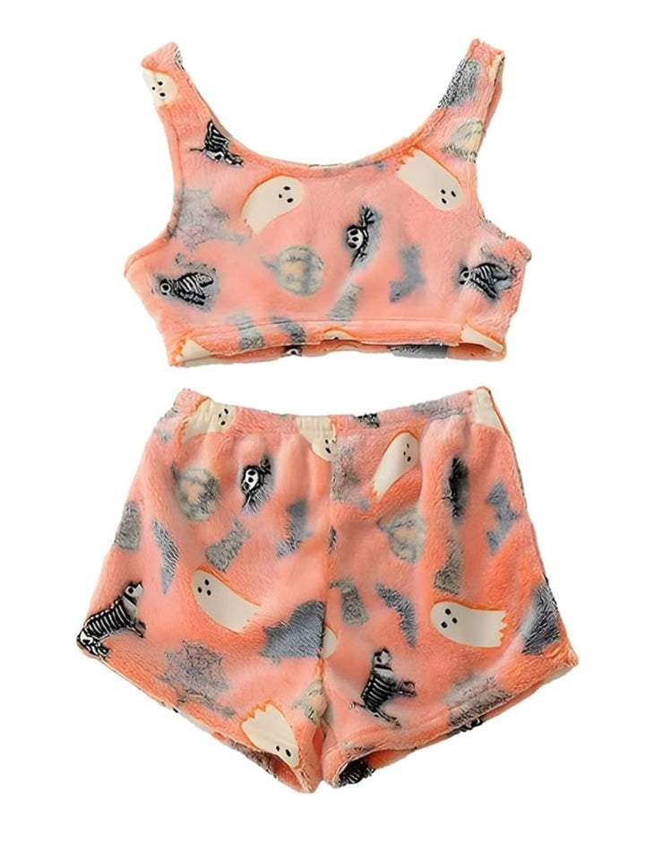 2PCS Orange 1970s Glowing Halloween Ghost Flannel Pajama Set - vintage fashion, retro style