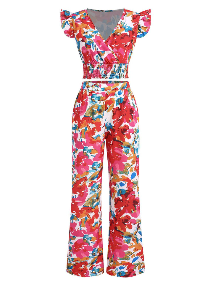 2PCS Red 1970s Flower Ruffled Smocked Top &amp; Wide-Leg Pants - vintage fashion, retro style, elegant red
