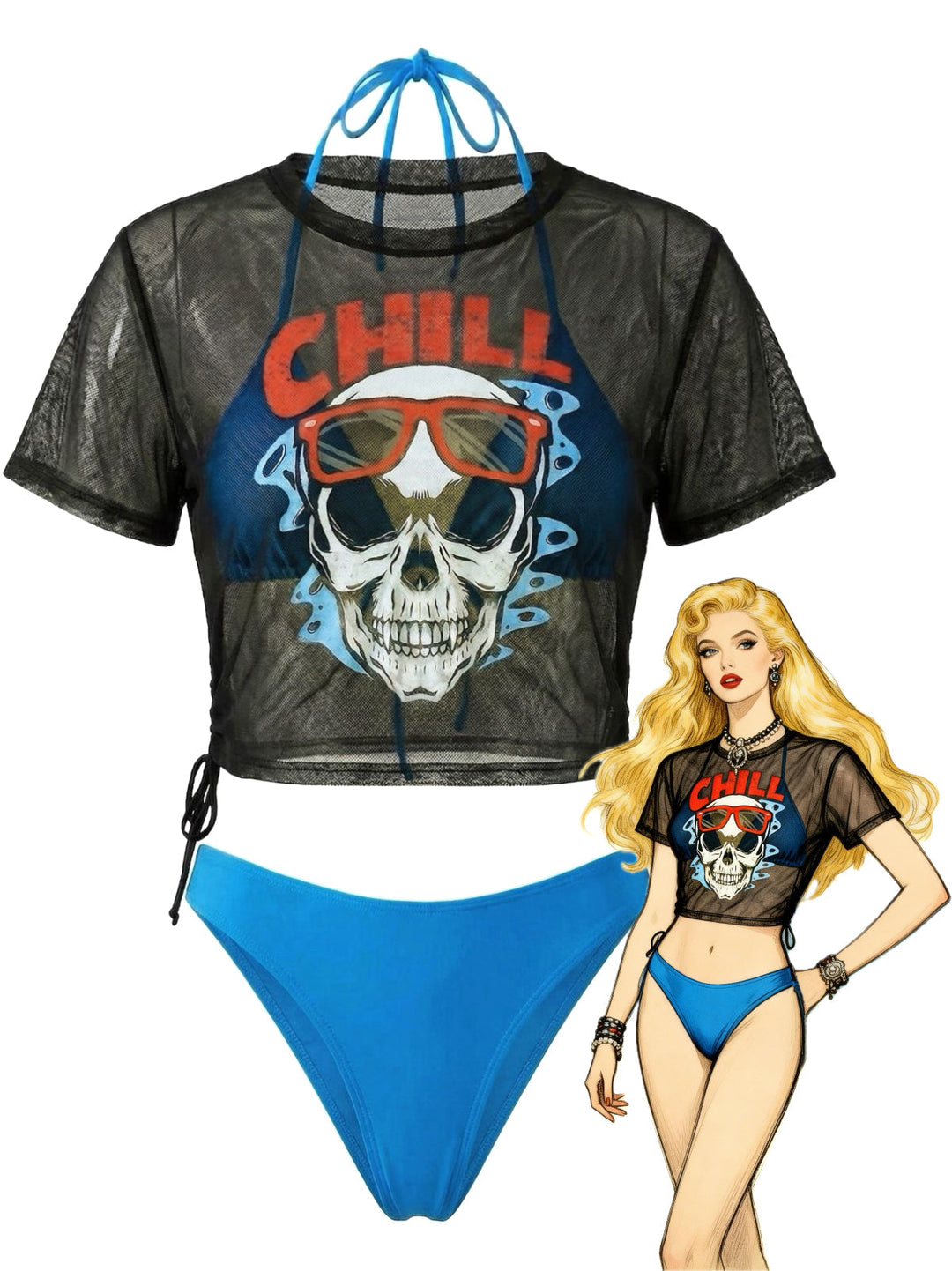 3PCS Blue 1970s Gothic Skull Tie Mesh Biniki Set &amp; Cover-Up Tee - vintage fashion, retro style