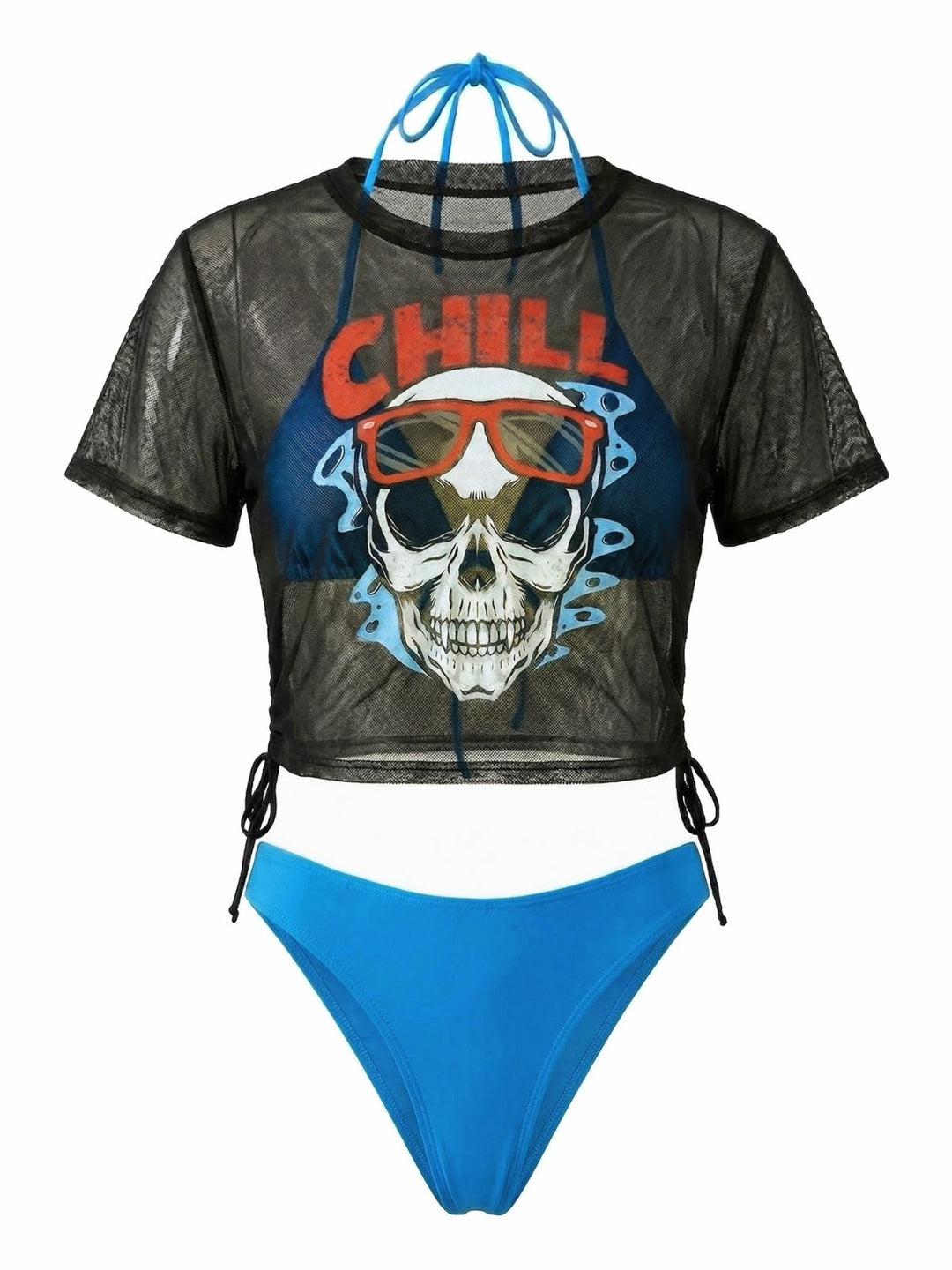 3PCS Blue 1970s Gothic Skull Tie Mesh Biniki Set &amp; Cover-Up Tee - vintage fashion, retro style