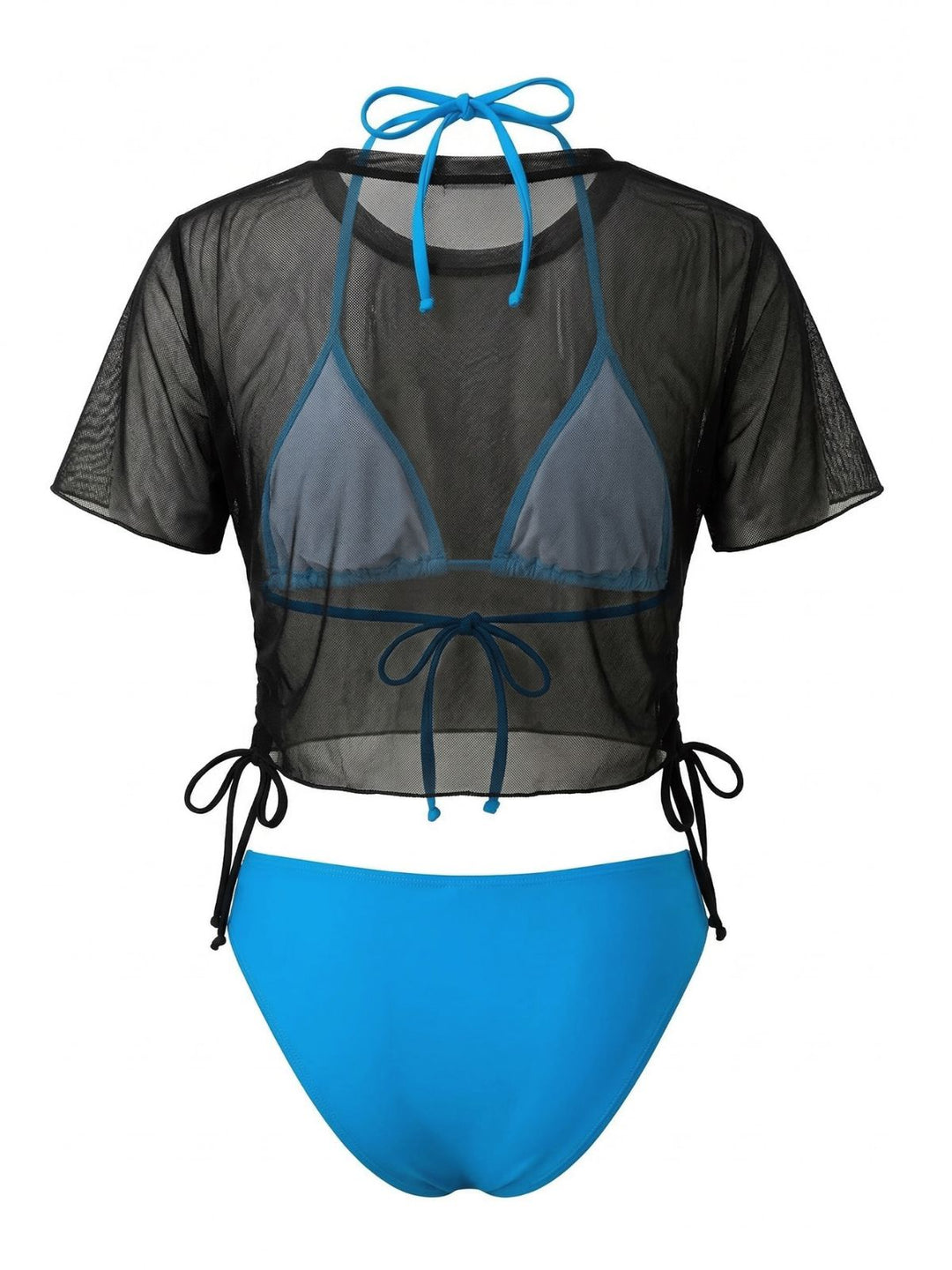 3PCS Blue 1970s Gothic Skull Tie Mesh Biniki Set &amp; Cover-Up Tee - vintage fashion, retro style