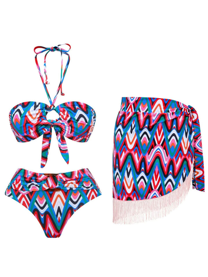 3PCS 1970s Fringe Print Lace-up Halter Bikini Set &amp; Cover Up - vintage fashion, retro style