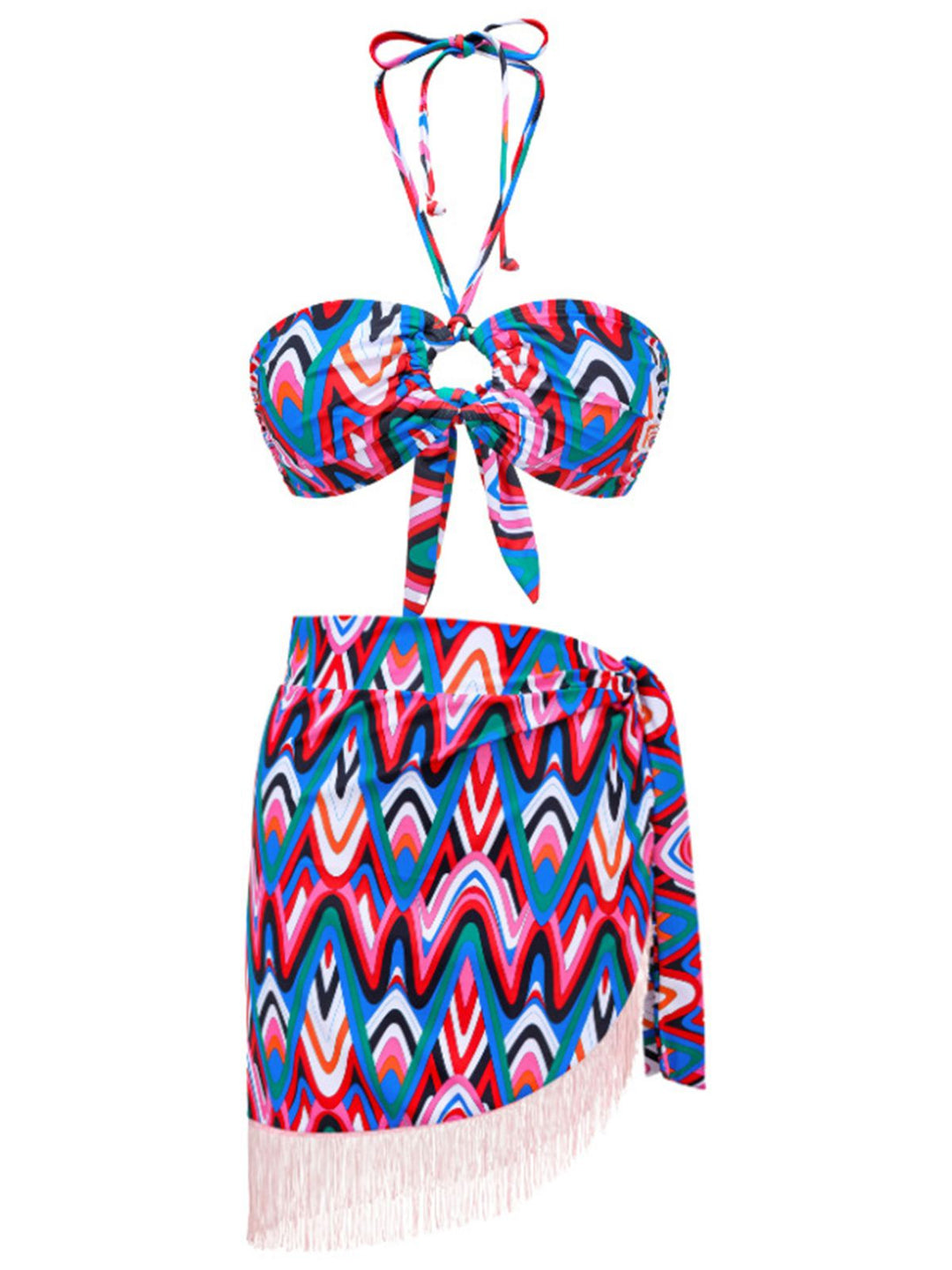 3PCS 1970s Fringe Print Lace-up Halter Bikini Set &amp; Cover Up - vintage fashion, retro style