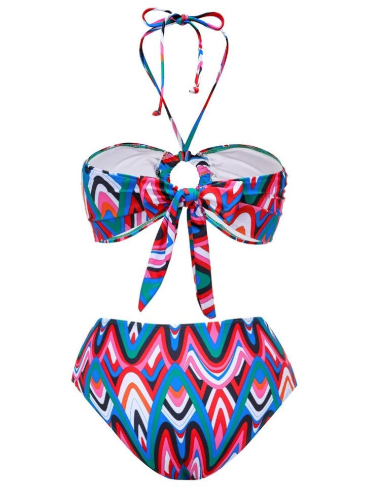 3PCS 1970s Fringe Print Lace-up Halter Bikini Set &amp; Cover Up - vintage fashion, retro style
