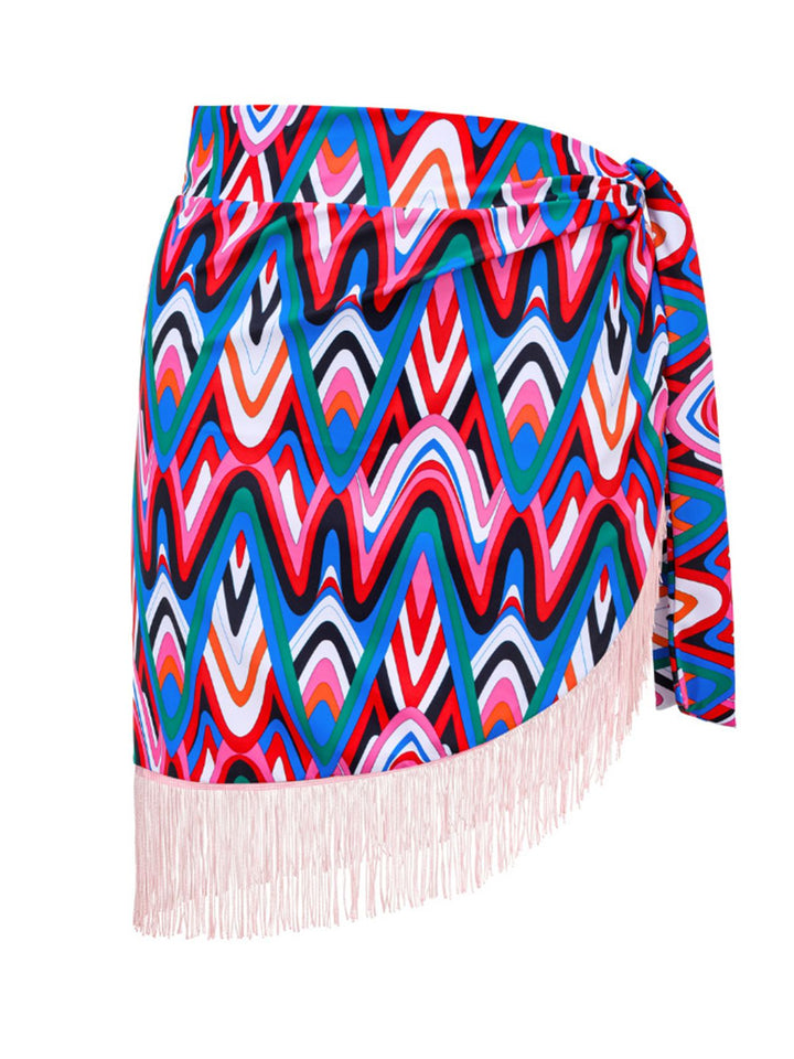 3PCS 1970s Fringe Print Lace-up Halter Bikini Set &amp; Cover Up - vintage fashion, retro style