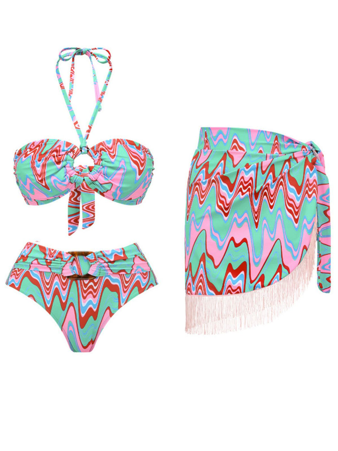 3PCS 1970s Fringe Print Lace-up Halter Bikini Set &amp; Cover Up - vintage fashion, retro style