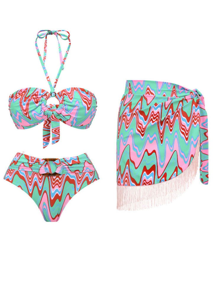 3PCS 1970s Fringe Print Lace-up Halter Bikini Set &amp; Cover Up - vintage fashion, retro style