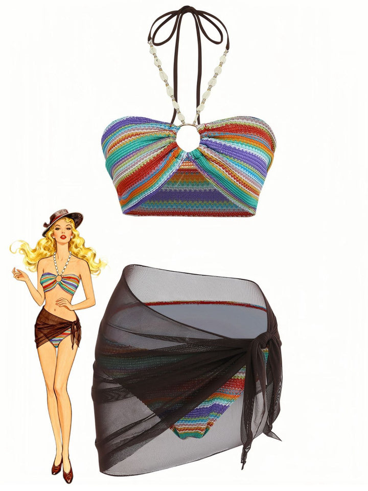3PCS Multicolor 1970s Halter Rainbow Stripes Shell-Strap Bikini Set - vintage fashion, retro style