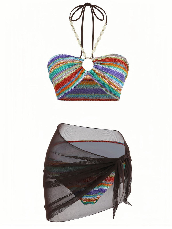 3PCS Multicolor 1970s Halter Rainbow Stripes Shell-Strap Bikini Set - vintage fashion, retro style