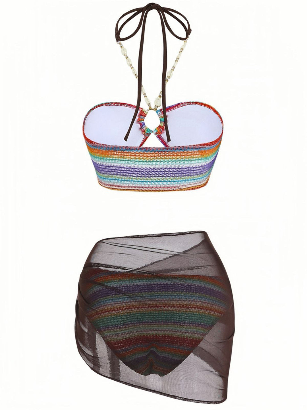 3PCS Multicolor 1970s Halter Rainbow Stripes Shell-Strap Bikini Set - vintage fashion, retro style