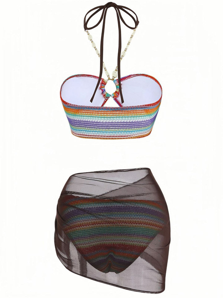 3PCS Multicolor 1970s Halter Rainbow Stripes Shell-Strap Bikini Set - vintage fashion, retro style