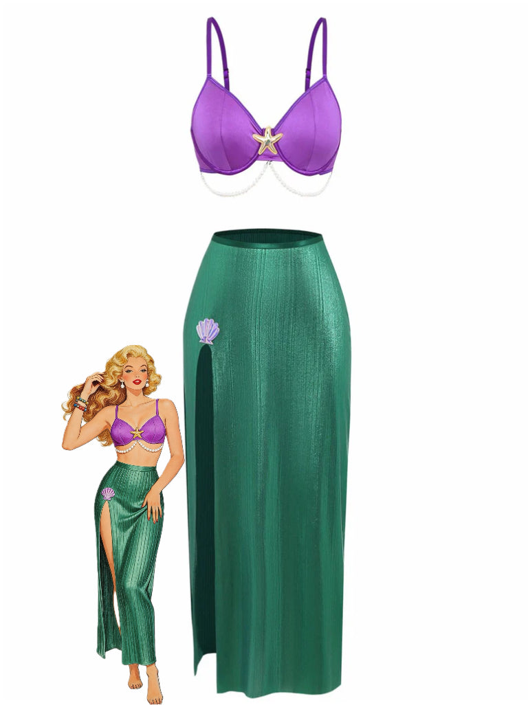 3PCS Purple Sea Pearl Satin Mermaid Sleepwear Set - vintage nightgown, retro sleepwear
