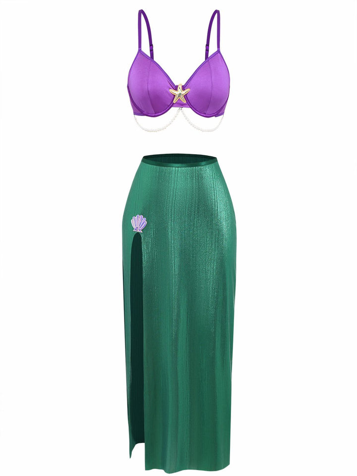 3PCS Purple Sea Pearl Satin Mermaid Sleepwear Set - vintage nightgown, retro sleepwear
