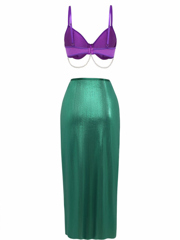 3PCS Purple 1970s Sea Pearl Satin Mermaid Sleepwear Set - vintage nightgown, retro sleepwear