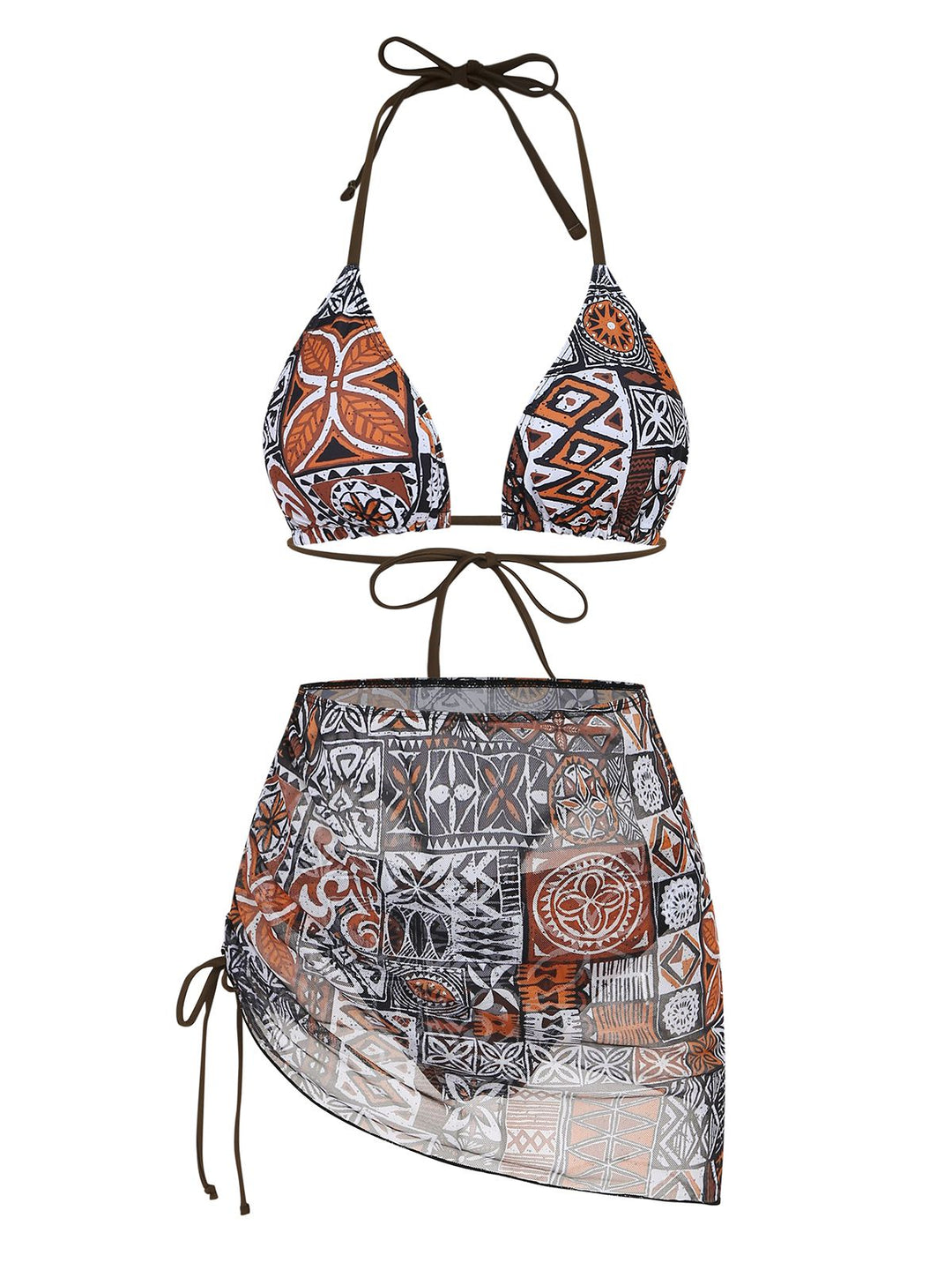 3PCS 1970s Tribal Print Triangle-Strap Bikini Set &amp; Cover-Up - vintage fashion, retro style