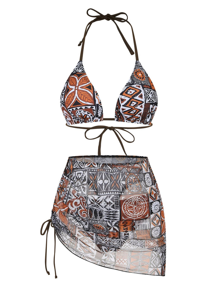 3PCS 1970s Tribal Print Triangle-Strap Bikini Set &amp; Cover-Up - vintage fashion, retro style