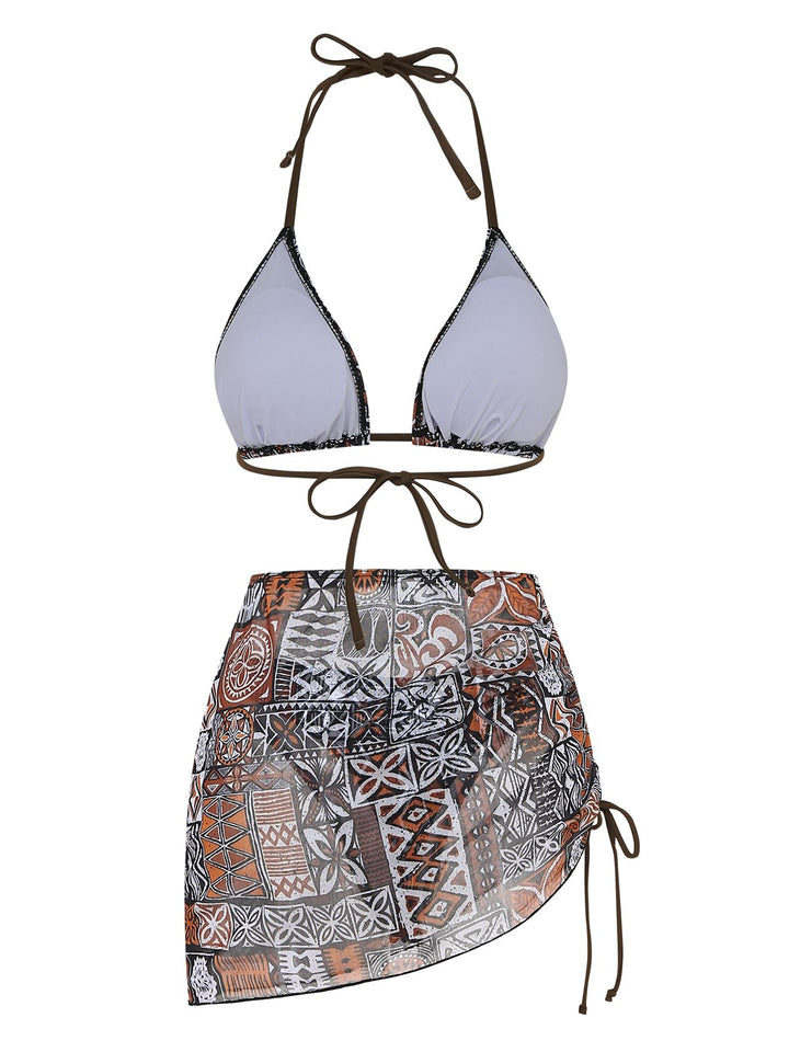 3PCS 1970s Tribal Print Triangle-Strap Bikini Set &amp; Cover-Up - vintage fashion, retro style