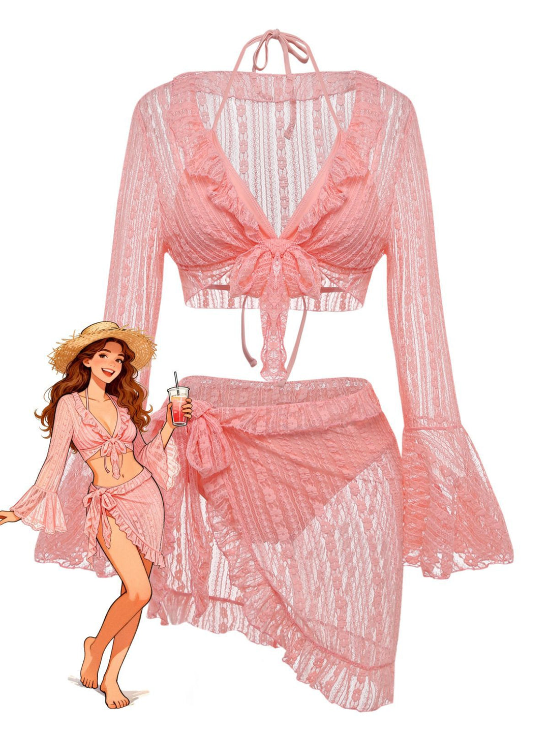 4PCS 1970s Halter Bikini Set &amp; Sheer Bell Sleeve Cover-Up - vintage fashion, retro style