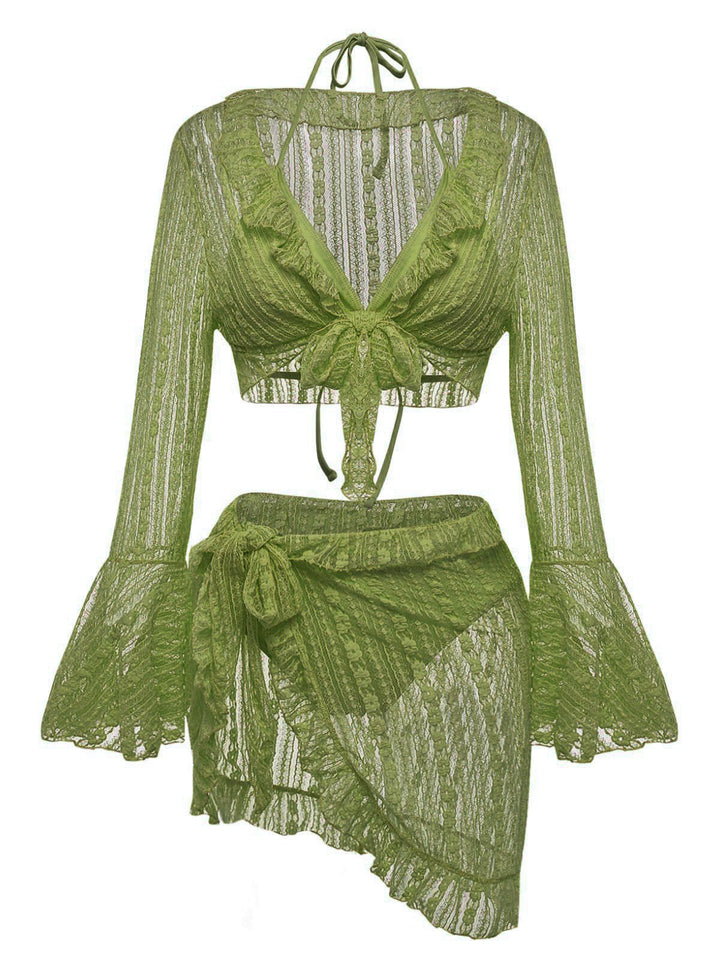 4PCS 1970s Halter Bikini Set &amp; Sheer Bell Sleeve Cover-Up - vintage fashion, retro style