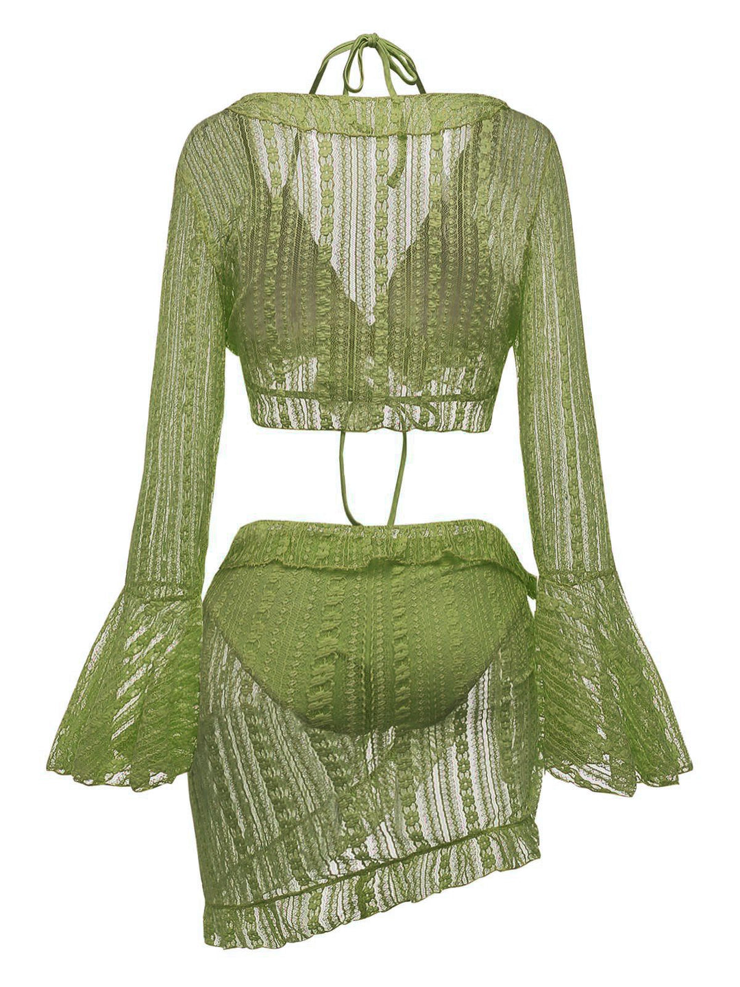 4PCS 1970s Halter Bikini Set &amp; Sheer Bell Sleeve Cover-Up - vintage fashion, retro style