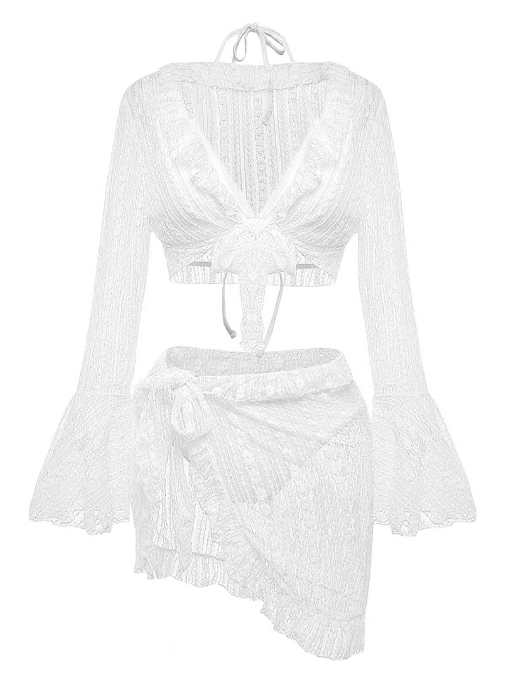 4PCS 1970s Halter Bikini Set &amp; Sheer Bell Sleeve Cover-Up - vintage fashion, retro style