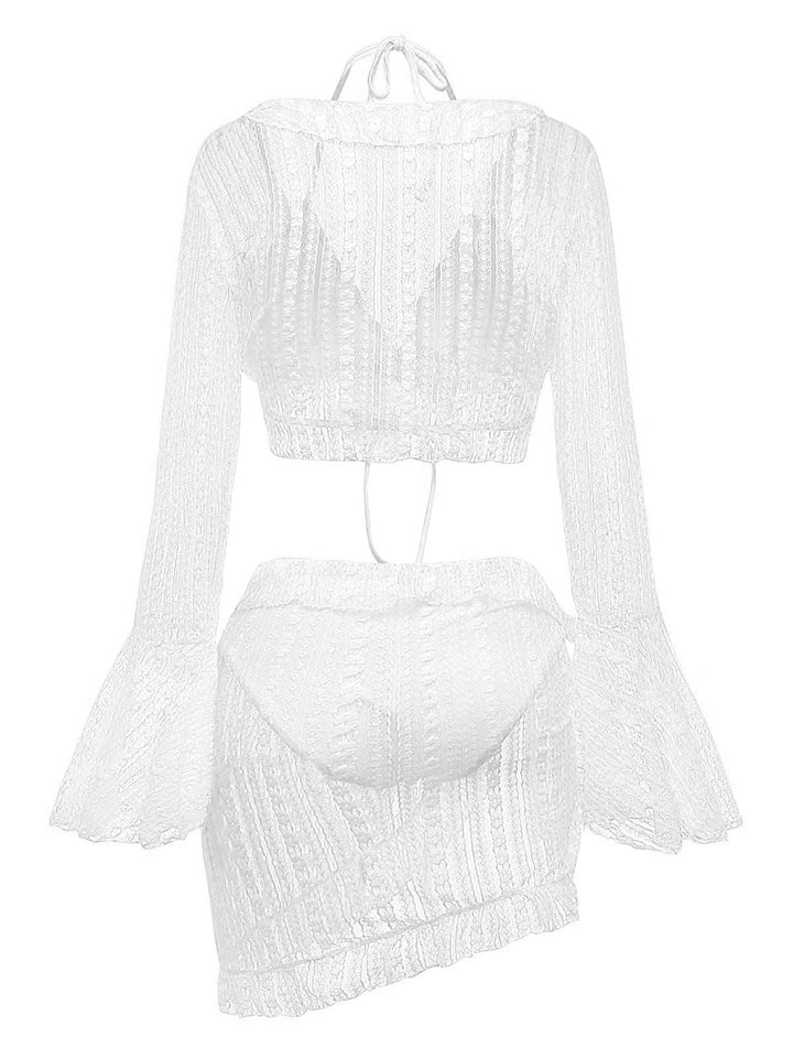 4PCS 1970s Halter Bikini Set &amp; Sheer Bell Sleeve Cover-Up - vintage fashion, retro style