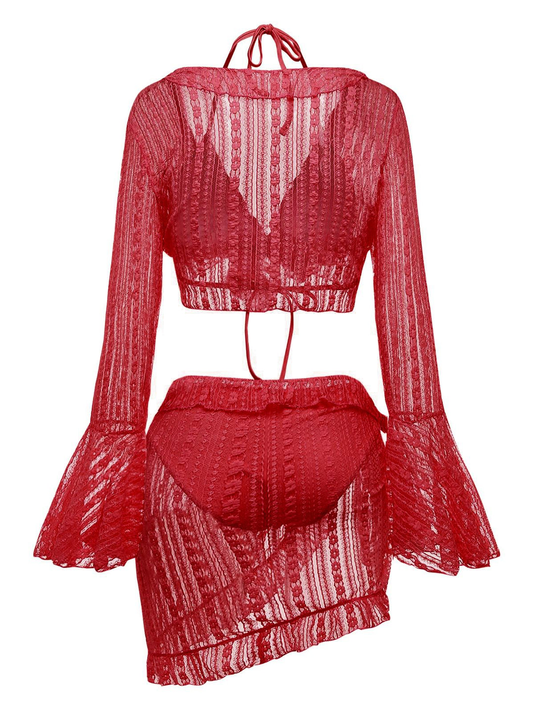 4PCS 1970s Halter Bikini Set &amp; Sheer Bell Sleeve Cover-Up - vintage fashion, retro style