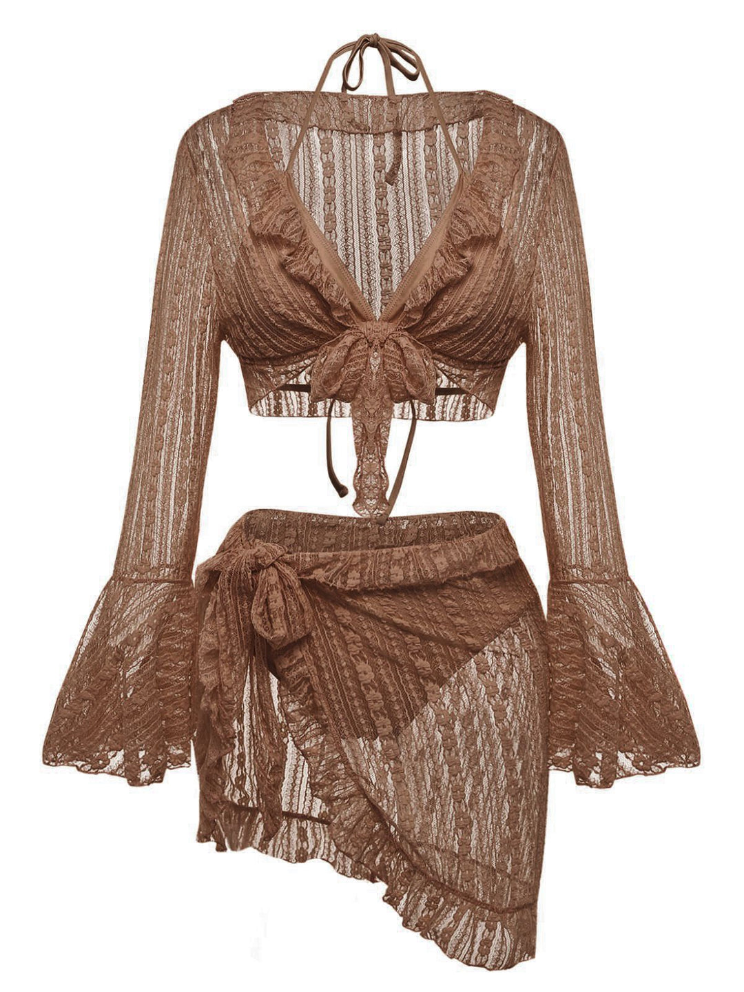 4PCS 1970s Halter Bikini Set &amp; Sheer Bell Sleeve Cover-Up - vintage fashion, retro style