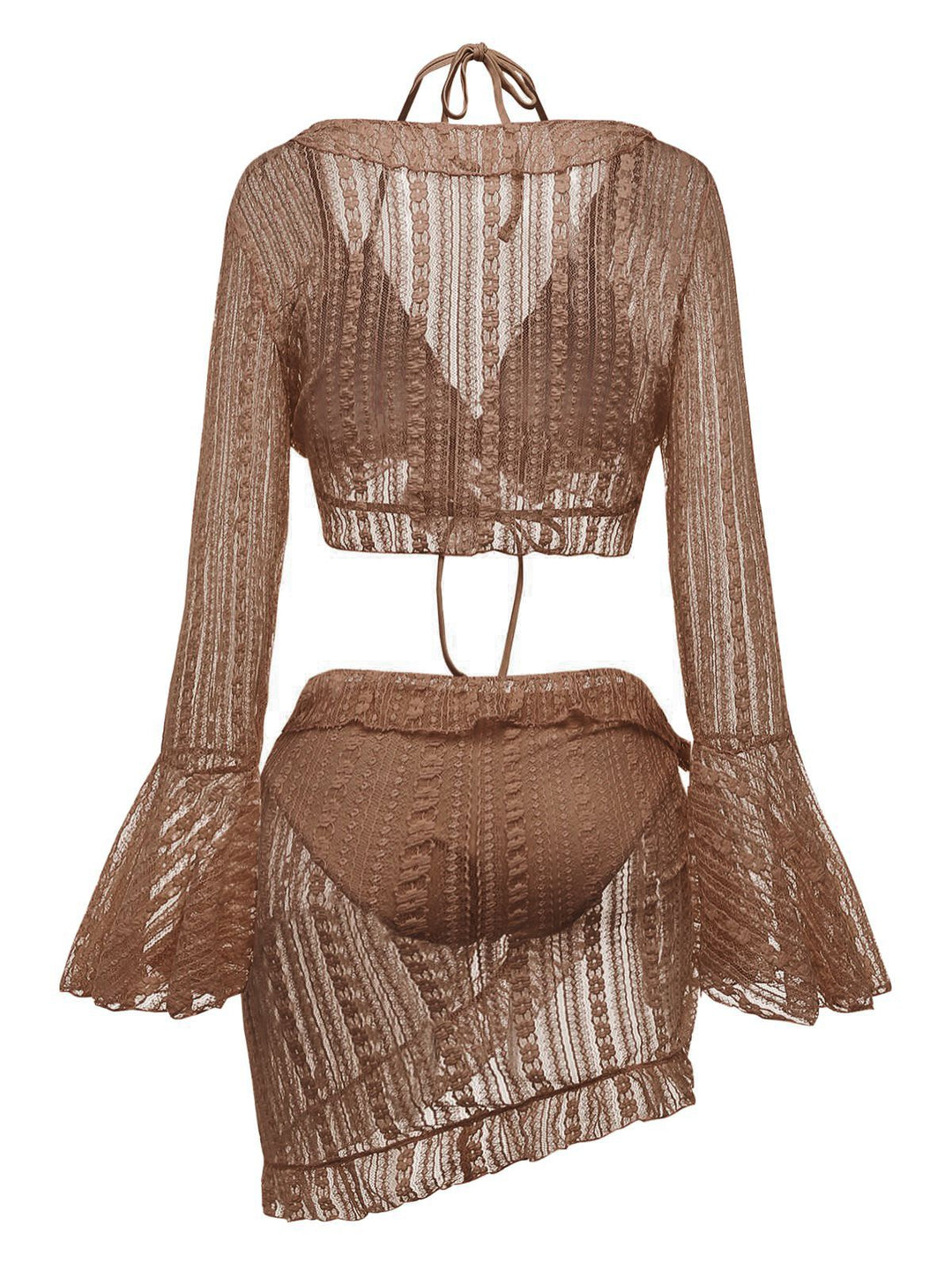 4PCS 1970s Halter Bikini Set &amp; Sheer Bell Sleeve Cover-Up - vintage fashion, retro style