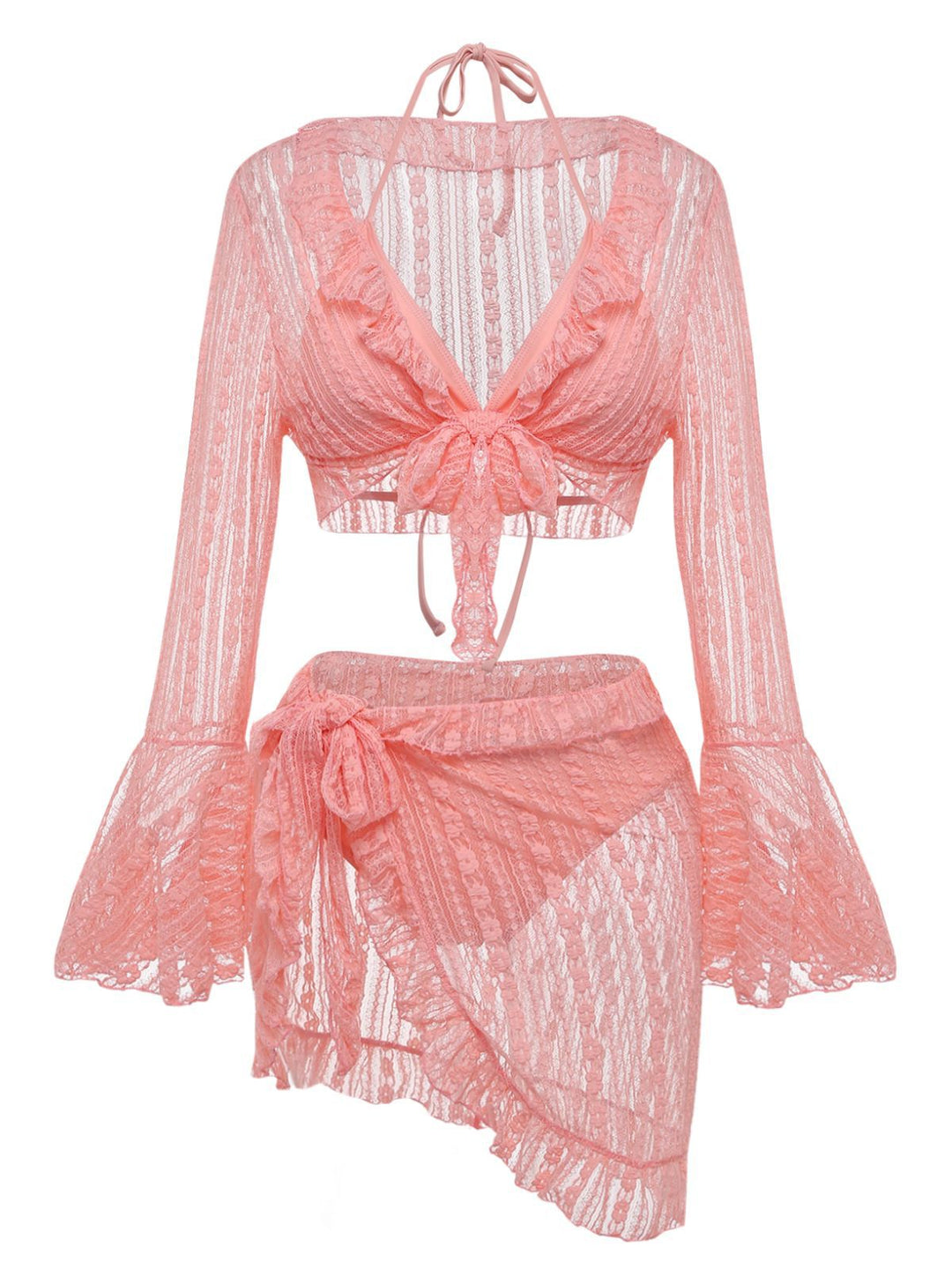 4PCS 1970s Halter Bikini Set &amp; Sheer Bell Sleeve Cover-Up - vintage fashion, retro style
