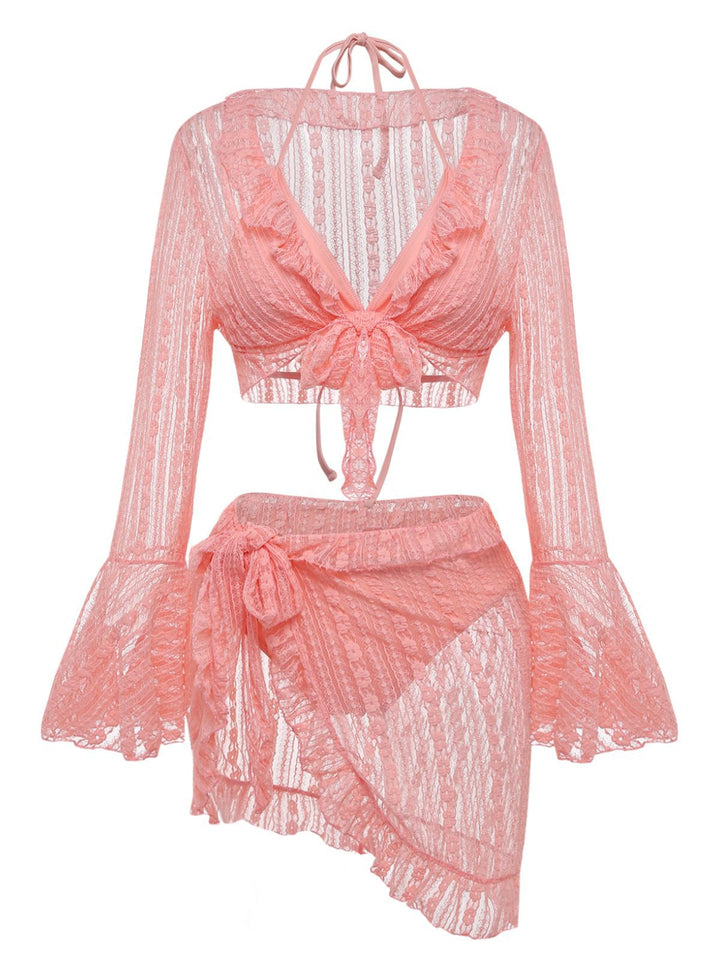 4PCS 1970s Halter Bikini Set &amp; Sheer Bell Sleeve Cover-Up - vintage fashion, retro style