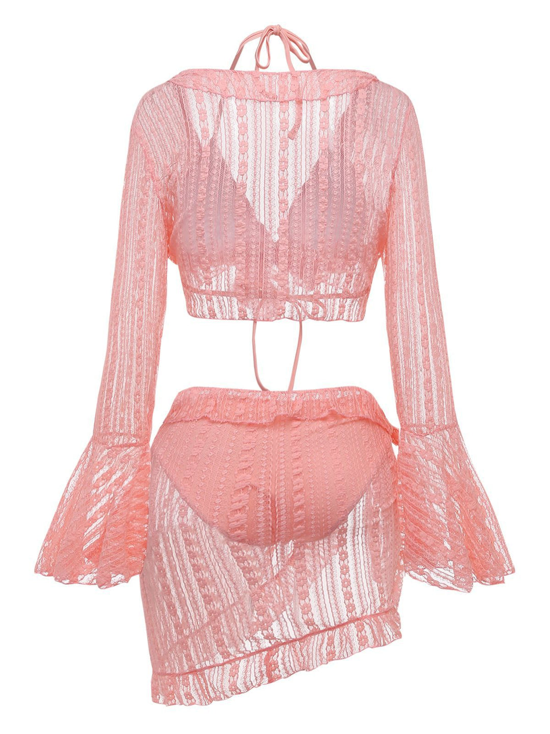 4PCS 1970s Halter Bikini Set &amp; Sheer Bell Sleeve Cover-Up - vintage fashion, retro style
