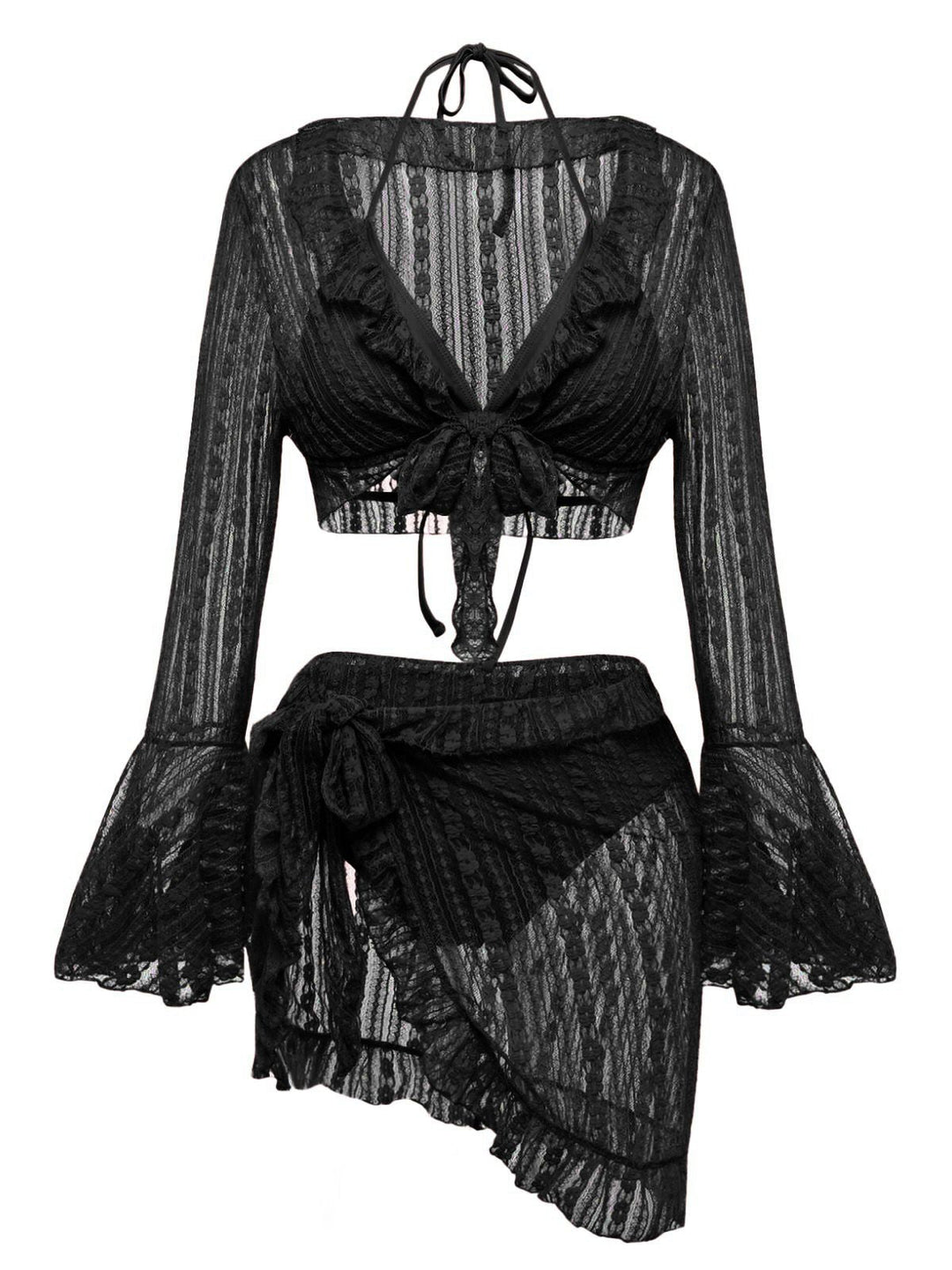 4PCS 1970s Halter Bikini Set &amp; Sheer Bell Sleeve Cover-Up - vintage fashion, retro style