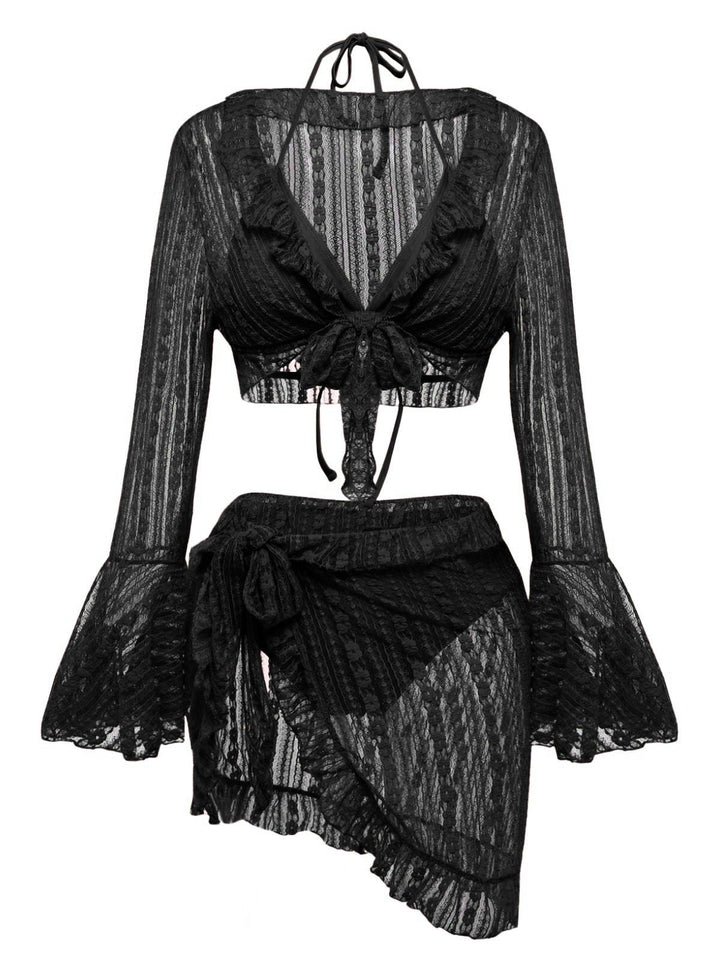4PCS 1970s Halter Bikini Set &amp; Sheer Bell Sleeve Cover-Up - vintage fashion, retro style