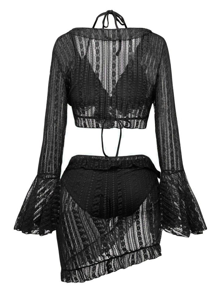 4PCS 1970s Halter Bikini Set &amp; Sheer Bell Sleeve Cover-Up - vintage fashion, retro style
