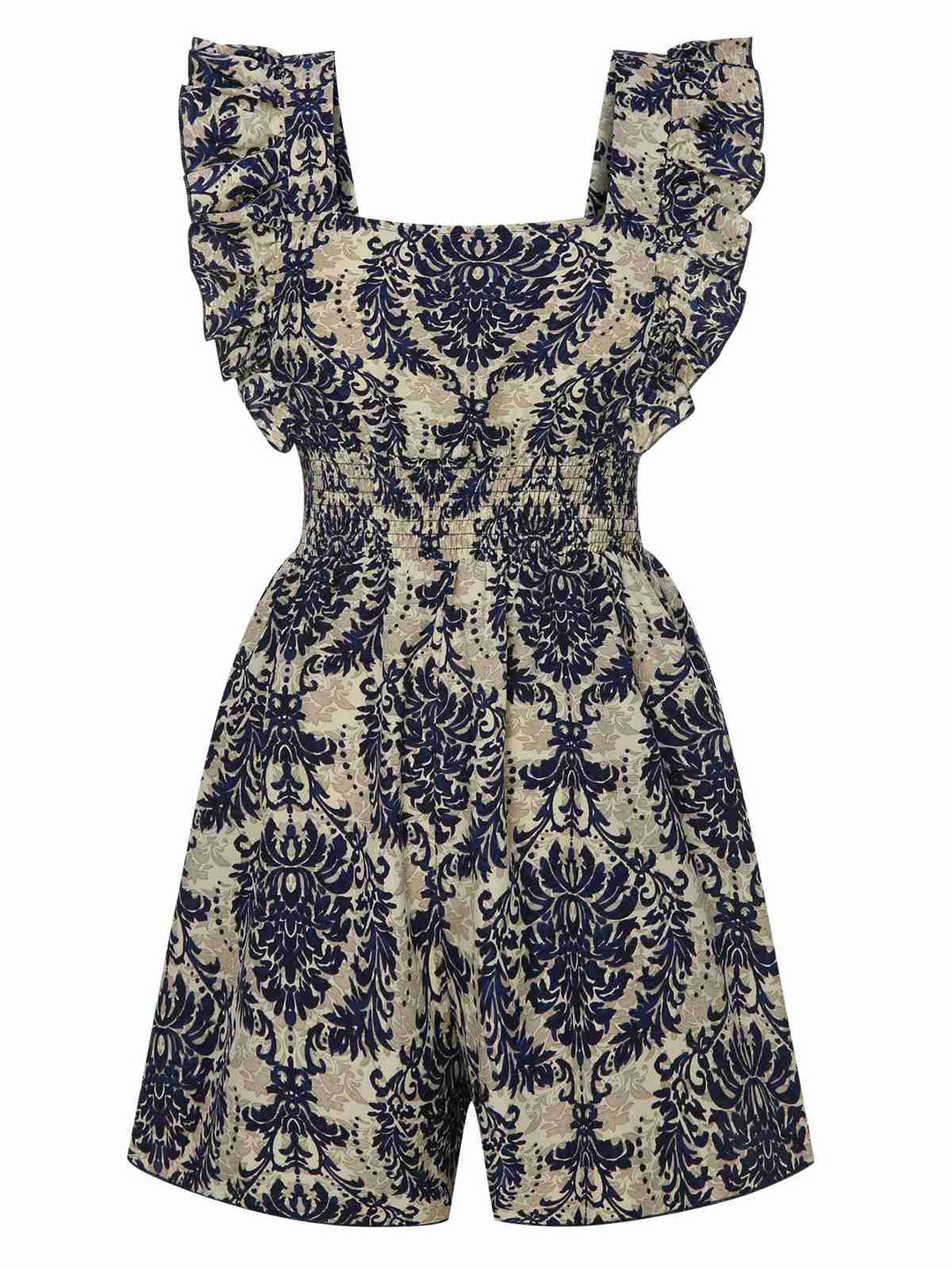 1970s Baroque Prints Square Neck Ruffles Romper, vintage romper, retro jumpsuit - perfect for women who love vintage and retro fashion