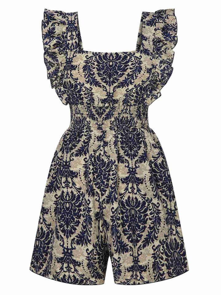 1970s Baroque Prints Square Neck Ruffles Romper, vintage romper, retro jumpsuit - perfect for women who love vintage and retro fashion