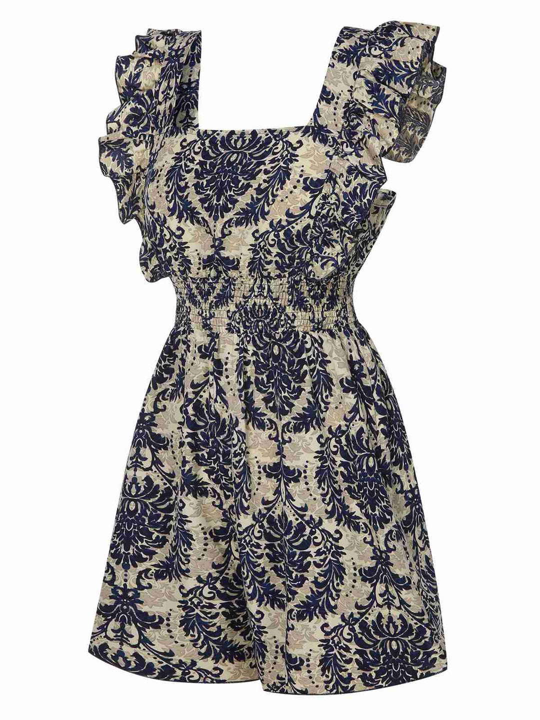 1970s Baroque Prints Square Neck Ruffles Romper, vintage romper, retro jumpsuit - perfect for women who love vintage and retro fashion