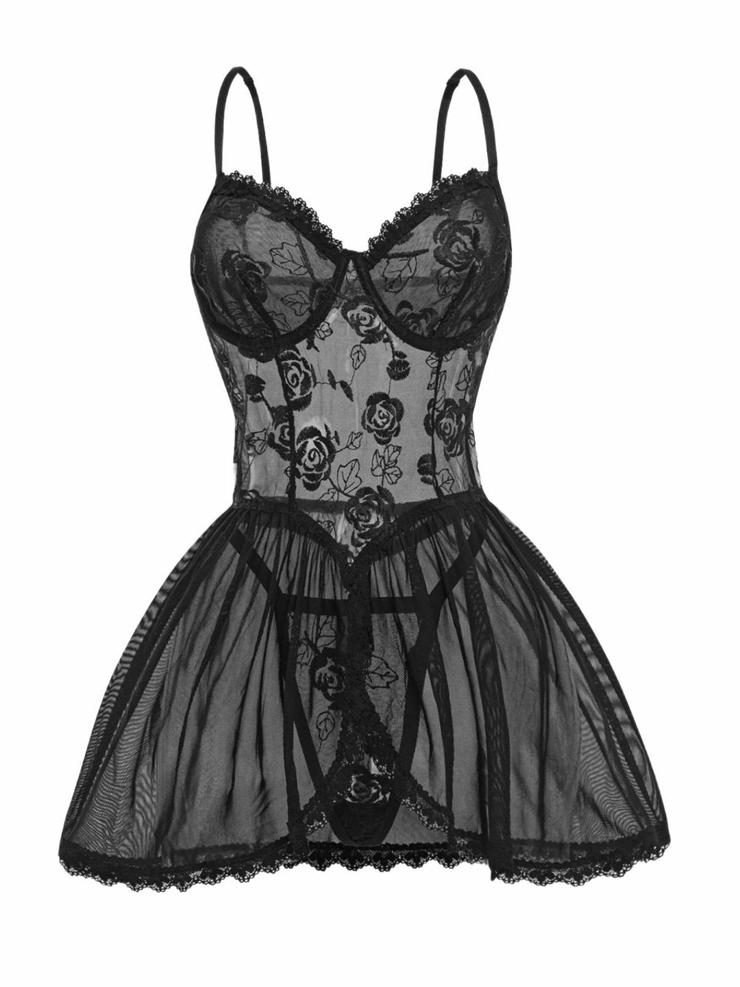 Black Rose Sheer Lace Suspender Babydoll Nightdress - vintage dress, retro fashion, classic black