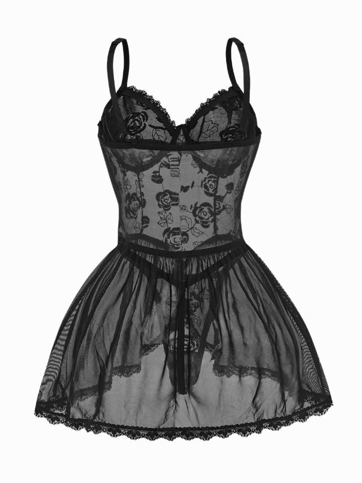 Black Rose Sheer Lace Suspender Babydoll Nightdress - vintage dress, retro fashion, classic black