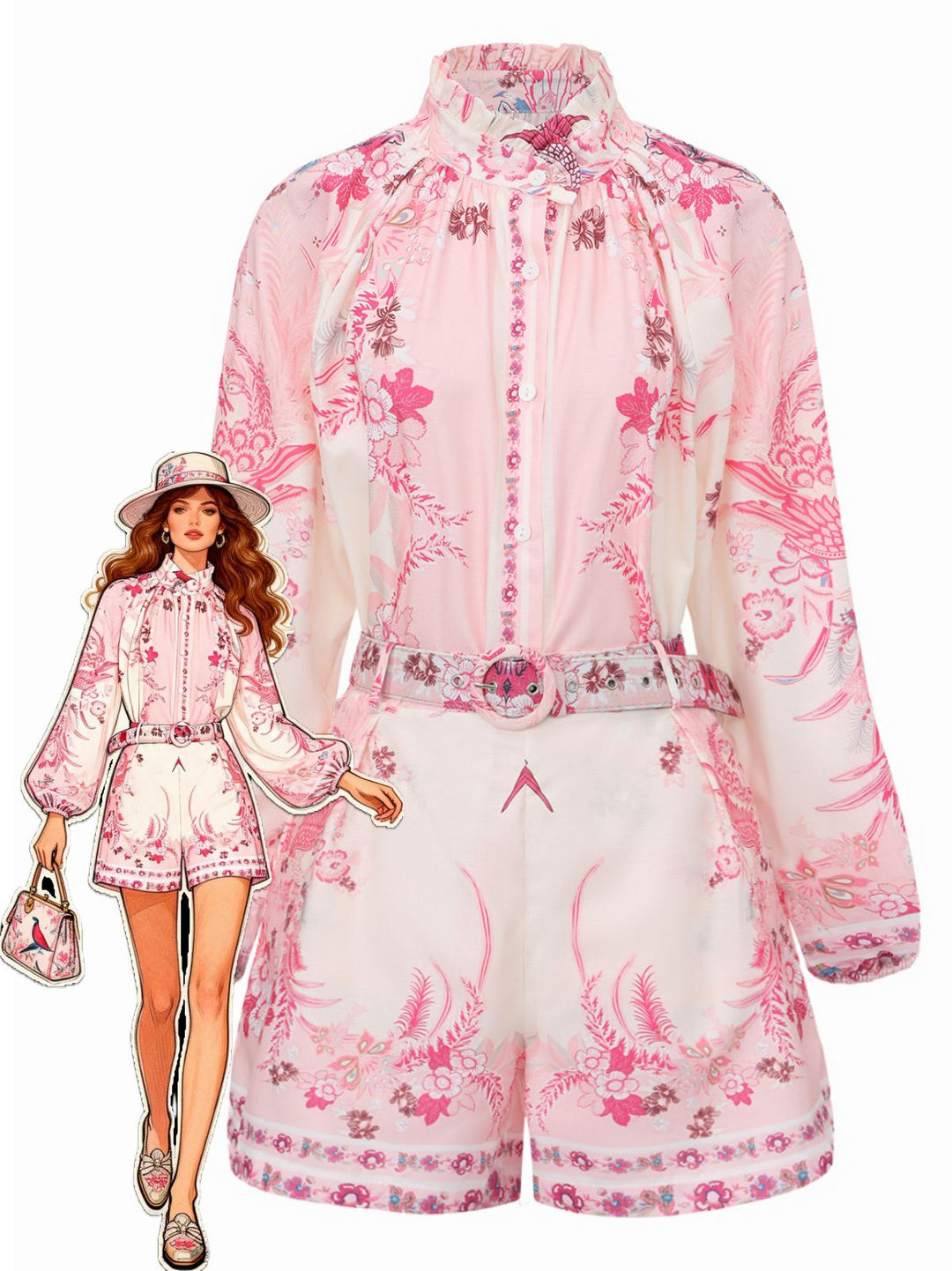 2PCS Pink 1970s Bohemian Floral Blouse &amp; High-Waisted Shorts - vintage fashion, retro style