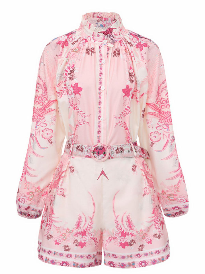 2PCS Pink 1970s Bohemian Floral Blouse &amp; High-Waisted Shorts - vintage fashion, retro style