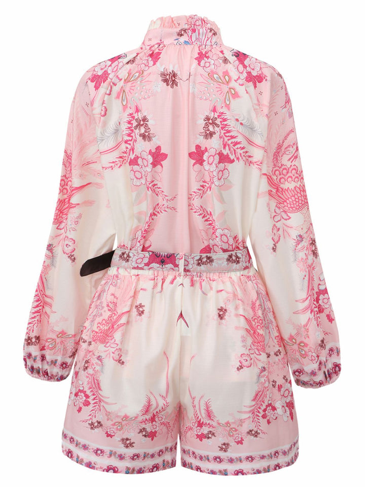2PCS Pink 1970s Bohemian Floral Blouse &amp; High-Waisted Shorts - vintage fashion, retro style